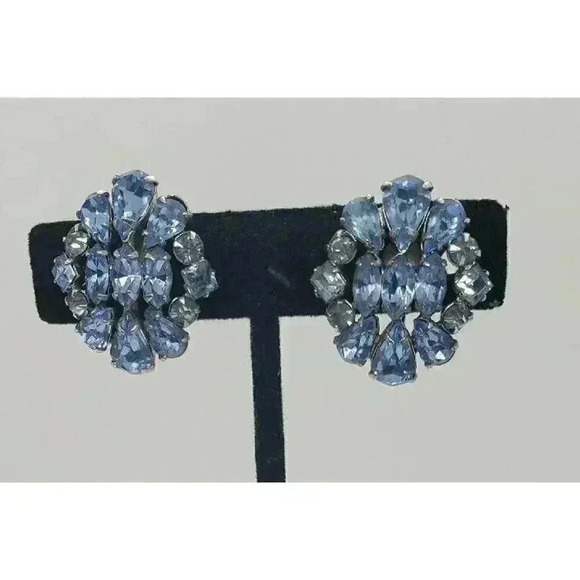 Vintage Earrings Rhinestone Baby Blue Rhodium Plated Clip Big Statement 50s - Picture 3 of 12
